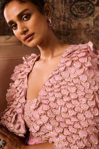 Onion pink embroidered jacket with embroidered bustier with drape skirt