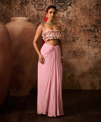 Pink emb top with pink drape skirt 1