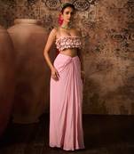 Pink emb top with pink drape skirt