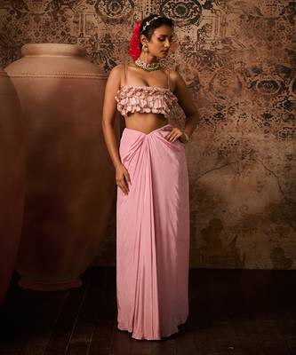 Pink emb top with pink drape skirt 2