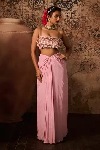 Pink emb top with pink drape skirt