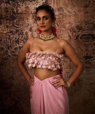 Pink emb top with pink drape skirt 3