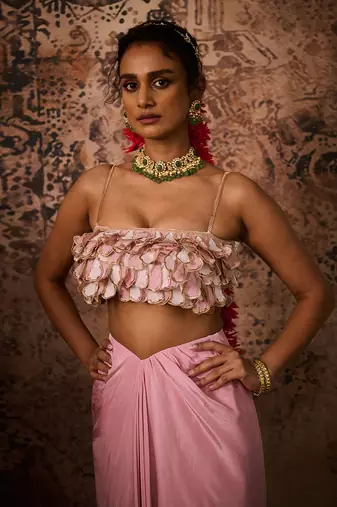 Pink emb top with pink drape skirt
