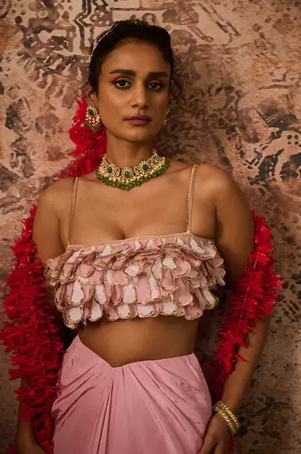 Pink emb top with pink drape skirt