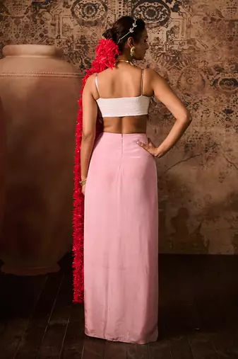Pink emb top with pink drape skirt