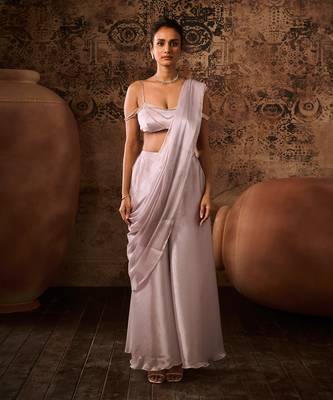 Silver lilac embroidered top with palazzo saree 1