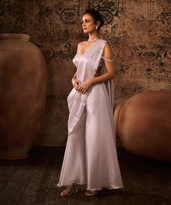 Silver lilac embroidered top with palazzo saree 2