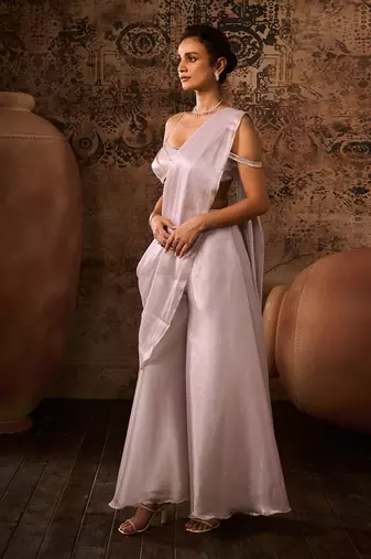 Silver lilac embroidered top with palazzo saree