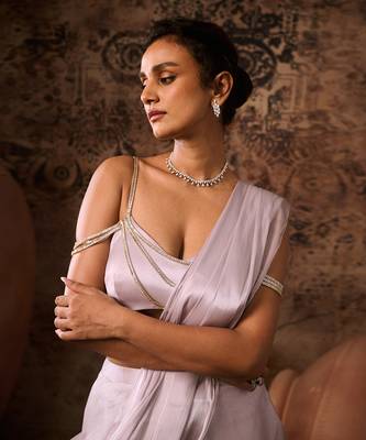 Silver lilac embroidered top with palazzo saree 3