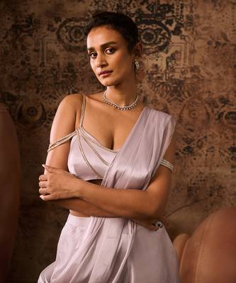 Silver lilac embroidered top with palazzo saree 4