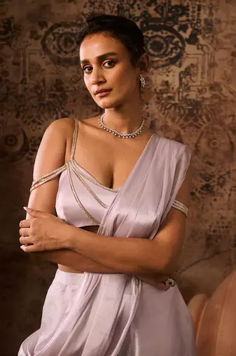 Silver lilac embroidered top with palazzo saree