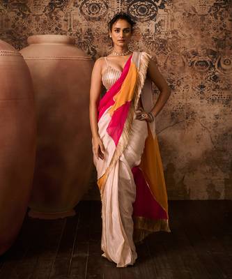 Rose gold embroidered blouse with multicoloured saree 1