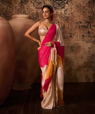 Rose gold embroidered blouse with multicoloured saree 2