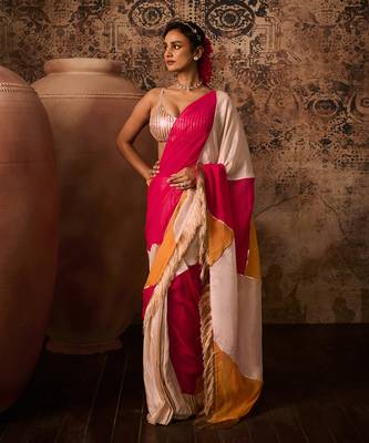 Rose gold embroidered blouse with multicoloured saree 3