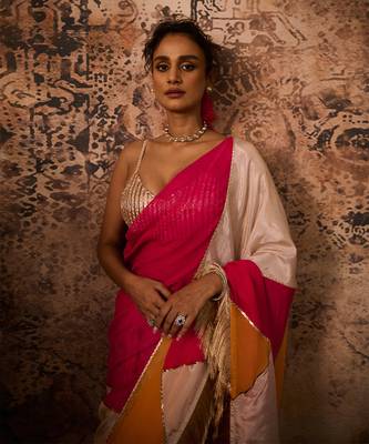 Rose gold embroidered blouse with multicoloured saree 4