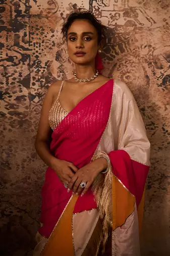 Rose gold embroidered blouse with multicoloured saree