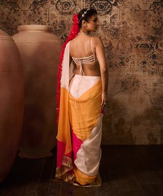 Rose gold embroidered blouse with multicoloured saree 5