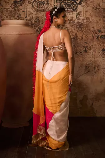 Rose gold embroidered blouse with multicoloured saree