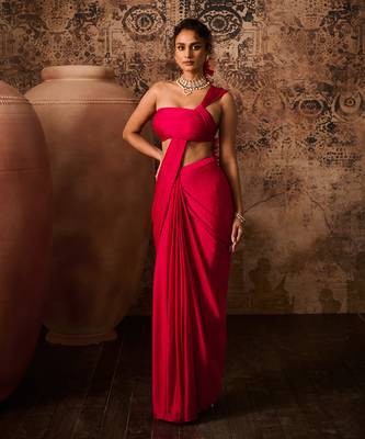 Hot pink top with skirt saree 1