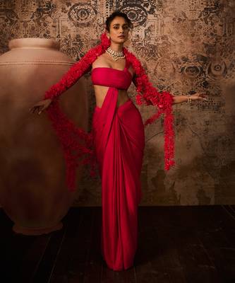 Hot pink top with skirt saree 2