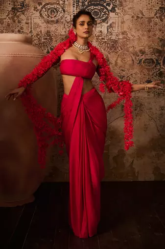 Hot pink top with skirt saree