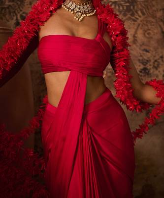 Hot pink top with skirt saree 3