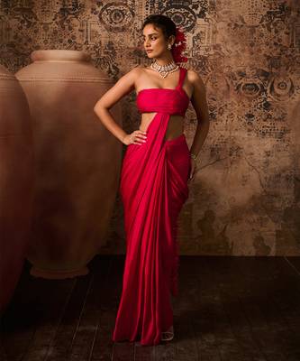 Hot pink top with skirt saree 4