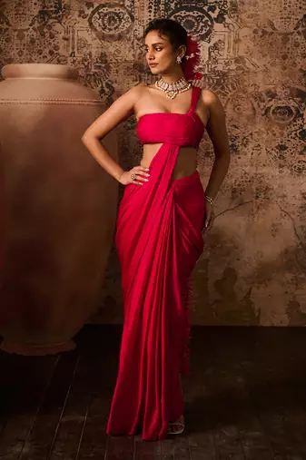 Hot pink top with skirt saree