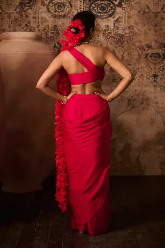 Hot pink top with skirt saree
