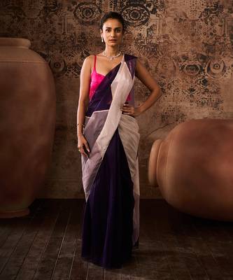 Hot pink blouse with multicoloured saree 1