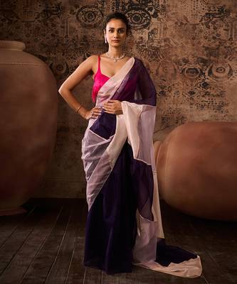 Hot pink blouse with multicoloured saree 2