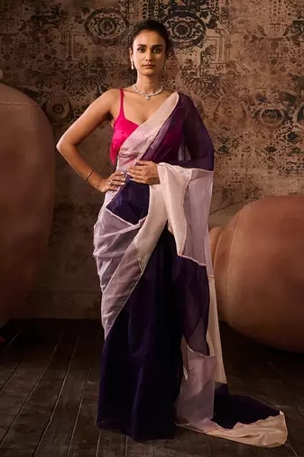 Hot pink blouse with multicoloured saree