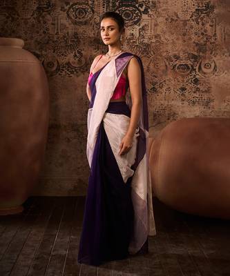 Hot pink blouse with multicoloured saree 3