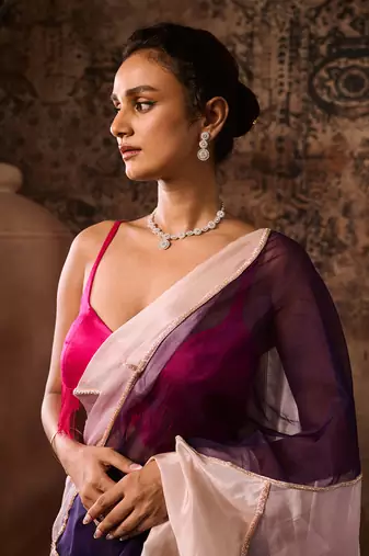 Hot pink blouse with multicoloured saree