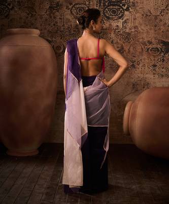 Hot pink blouse with multicoloured saree 5