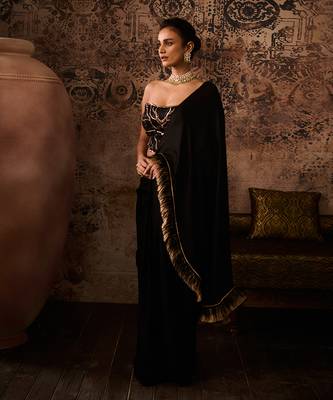 Black embroidered corset with drape saree 2