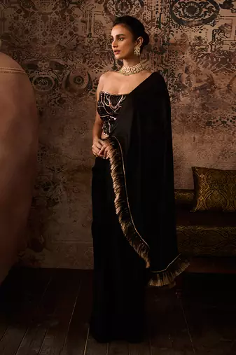 Black embroidered corset with drape saree