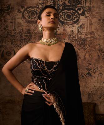 Black embroidered corset with drape saree 3