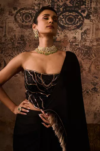 Black embroidered corset with drape saree