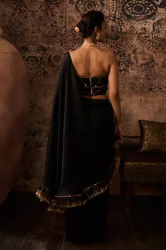 Black embroidered corset with drape saree
