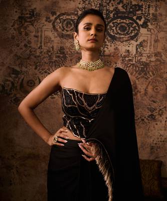 Black embroidered corset with drape saree 5