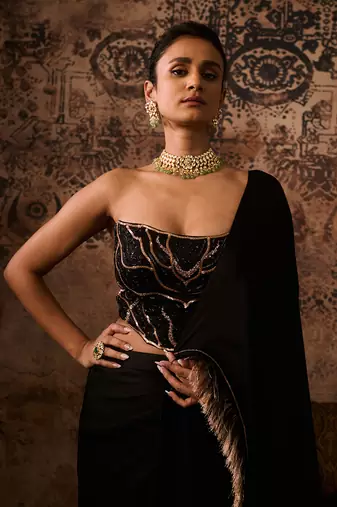 Black embroidered corset with drape saree
