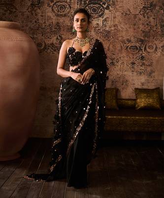 Black embroidered blouse with embroidered saree 1