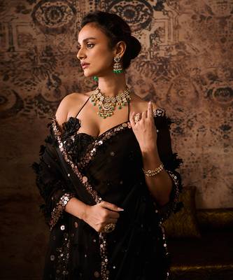 Black embroidered blouse with embroidered saree 4