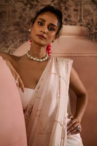 White blouse with tissue embroidered saree
