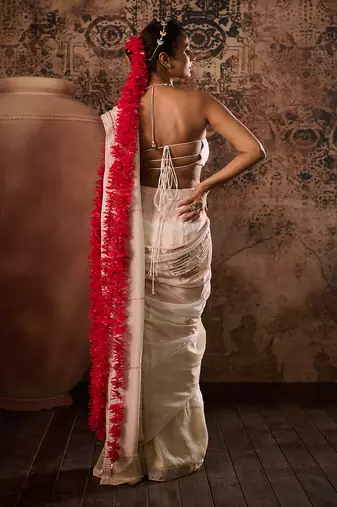 White blouse with tissue embroidered saree