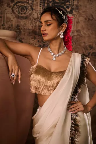 Rose gold tissue saree with blouse
