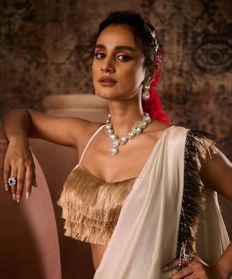 Rose gold tissue saree with blouse 4