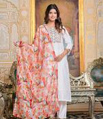 Women's Chanderi Embroidered Straight Kurta with Pant And Dupatta Set