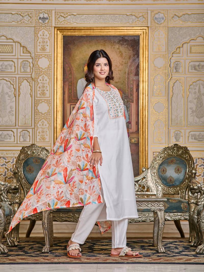 Women's Chanderi Embroidered Straight Kurta with Pant And Dupatta Set